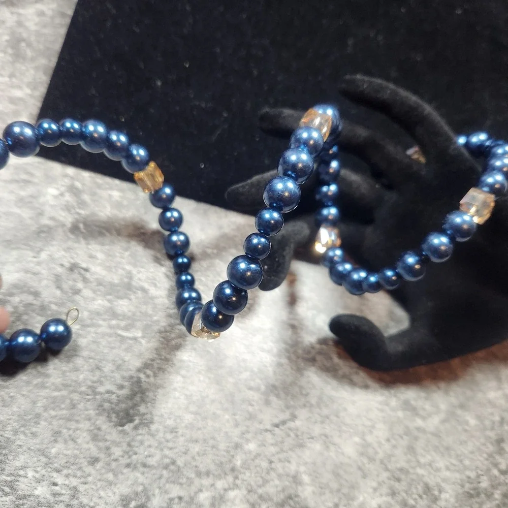Blue glass Pearl and Amber Crystal Memory Wire Wrap Coil Bracelet
